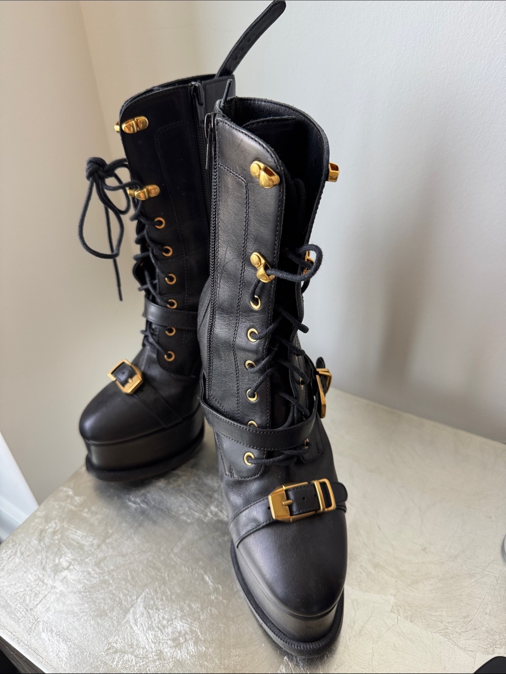 Versace Black Lace-Up Platform Boots with Gold Hardware